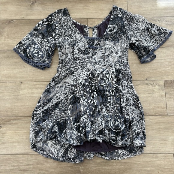 Free People XS Blue Black Patterned Open Back Split Sleeve Boho Dress Pockets - Picture 7 of 7